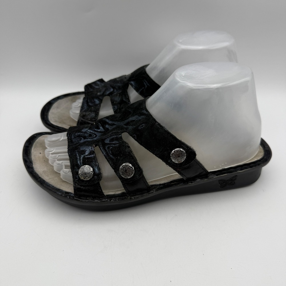 Alegria Venice Sandals Women 38 US 8-8.5 Black Embossed Leather Metallic Slides